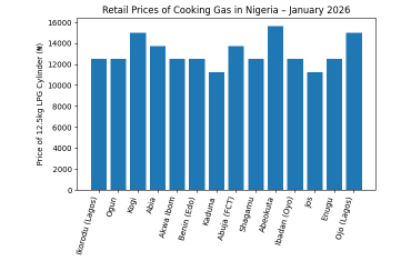 Retail Prices of Cooking Gas in Nigeria for January 2026 Averaged ₦13,080.36